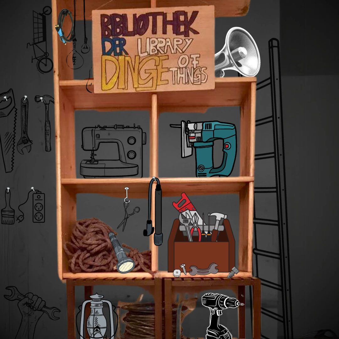 Illustriertes Regal mit Werkzeugen, Nähmaschine und Elektrogeräten unter dem Schild „Bibliothek der Dinge“
